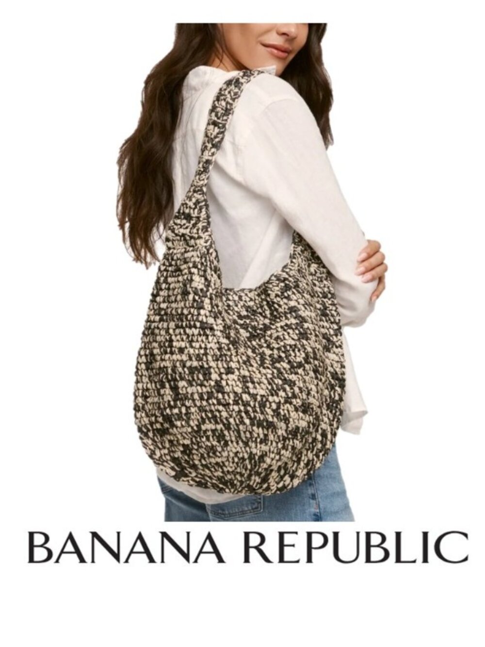 NWT Banana Republic Women's Raffia Tote, Black (Black Marled)